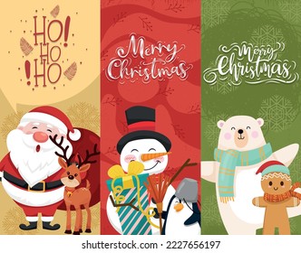 
Merry Christmas! Merry Christmas fellows. Santa Claus, Snowman, Reindeer and Elf in Christmas snow.