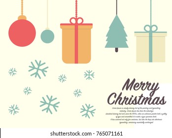 merry christmas festival with balls,gift and tree hanging on cream color background for decoration concept