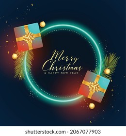 merry christmas festival card with neon frame and gift boxes