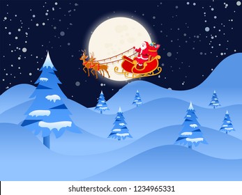 Merry Christmas festival celebration concept, illustration of flying santa sleigh with happy santa clause on fullmoon winter night background.