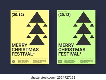 Feliz Natal festival moderno folheto geométrico modelo de design de abeto conjunto vetor ilustração plana. Feliz Ano Novo Natal celebração de férias de inverno mínimo amarelo convite triângulo árvore abeto verde