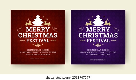 Merry Christmas festival party announcement social media post design template set vector flat illustration. Happy New Year Xmas winter holiday event celebration invitation squared flyer with snowflake