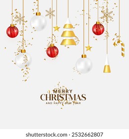 Merry Christmas festival poster design with hanging Xmas ball. Christmas golden color banner design with Xmas ball, ribbon, Candy, and white background. Merry Christmas invitation card design