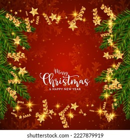 Merry Christmas festival red background with pine leaves vector