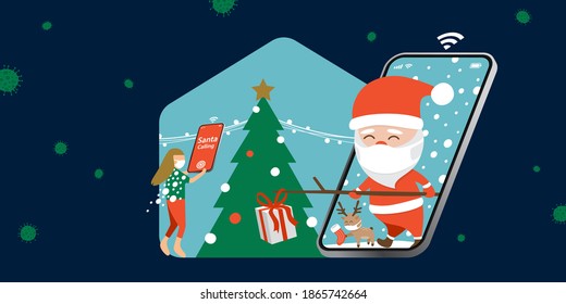 Merry Christmas Festival in year of COVID-19 which people should stay at home and practice social distancing, Santa Claus and reindeer come give gift to kids via smartphone, smart technology concept.