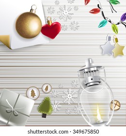 Merry Christmas festive background with Christmas decoration, vector illustration.