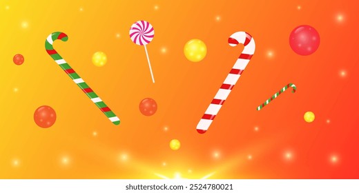 Merry Christmas! A festive background depicting a colorful explosion of candies and lollipops. 3 D. Vector illustration.