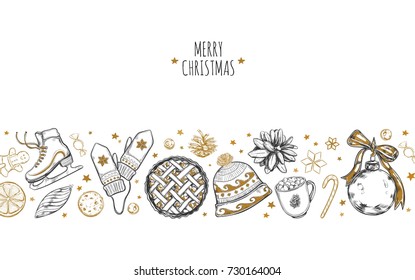 Merry Christmas festive Background. Design template includes different Vector hand drawn illustrations . Beverages and christmas elements. 