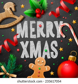 Merry Christmas festive background with gingerbread men and Christmas decoration, vector illustration. 