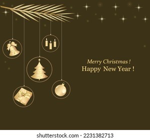 Merry Christmas. Festive background with golden New Year symbols, Christmas tree, gift, bells, candles hanging on a fir branch. Vector template design for greeting cards, posters, websites.