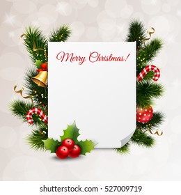 Merry Christmas festive background with greeting card fir twigs jingle bells candies balls ribbons thorn vector illustration