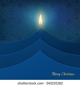 Merry Christmas festive background with stylized Christmas tree with a candle made from paper. Vector illustration