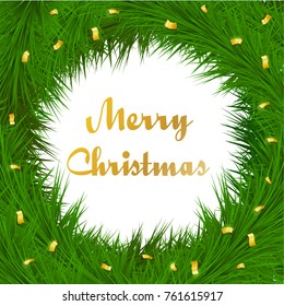 Merry Christmas festive background with tree branches, gold confetti and place for text, vector illustration