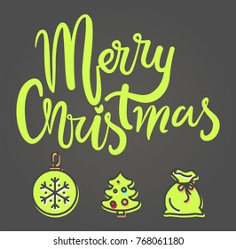 Merry Christmas festive banner on gray background. Vector illustration with green decorated xmas tree, glass ball and Santa's bag full of presents