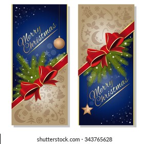 Merry Christmas. Festive blue background with red ribbon and bow, and design elements for Christmas and New Year. Vector flyer template.