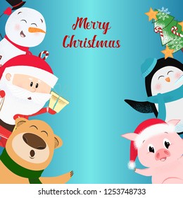 Merry Christmas festive blue postcard design. Lettering with cartoon characters on blue background. Can be used for postcards, invitations, greeting cards