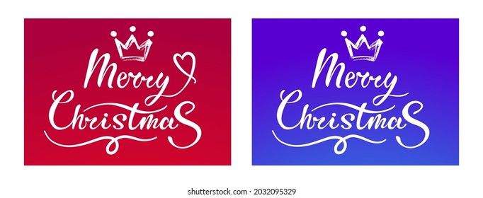 Merry Christmas festive cards or invitations set in blue, red and white colors in trendy calligraphic style in horizontal orientation