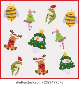 Merry Christmas festive celebrations illustrations. Christmas cartoon characters. Minimal Christmas vectors. Festive drawings, Santa Claus and animals
