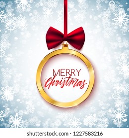 Merry Christmas festive decorative postcard design with gold bauble and red bow, vector illustration