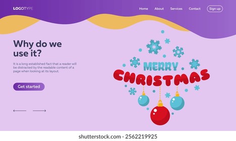 Merry Christmas festive design with baubles, snowflakes on purple background. Landing page template and sample text with decorations Vector can be used for online posters, banners