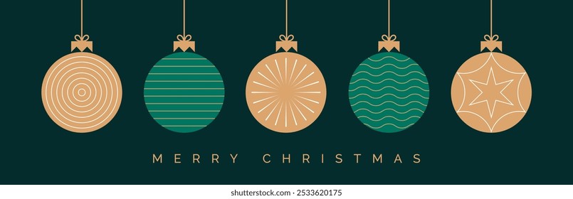 Merry Christmas Festive Design with Hanging Christmas Decorations. Christmas Balls Vector Illustration on Green Background with Golden Merry Christmas Text.