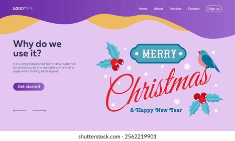 Merry Christmas festive design with New Year ornaments, bullfinch, snowflakes, mistletoes. Landing page template with sample text and decorations.