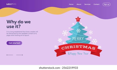 Merry Christmas festive design with Xmas tree, New Year ornaments, snowflakes. Landing page template and sample text. Illustration can be used for online posters, banners