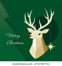 Feliz Natal festivo vetor banner plano com veado dourado no fundo verde