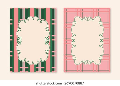Marcos festivos de Navidades alegres. Pósters de vacaciones de invierno rosa y verde con patrón de cuadros y marco vacío. Navidades Tarjetas de invitación