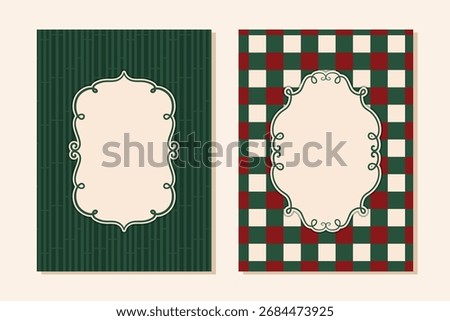 Merry Christmas Festive Frames. Winter Holidays Posters Set with Plaid Pattern and Vintage Elegant Empty Frame. Christmas Invitation Cards Set