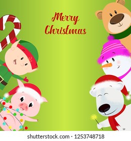 Merry Christmas festive green postcard design. Lettering with cartoon characters on green background. Can be used for postcards, invitations, greeting cards