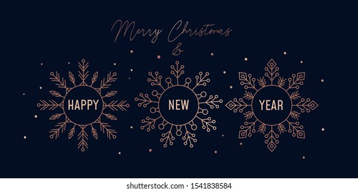 Merry Christmas festive greeting card with snowflakes vector illustration. Rose gold flakes of snow with wishes Happy New Year on black background. Winter holidays concept