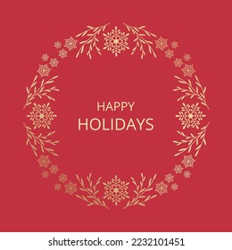 Merry Christmas festive greeting card with golden frame on red background. Christmas wreath of fir branches, leaves and snowflakes.   Vector illustration