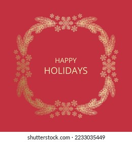 Merry Christmas festive greeting card with golden frame on red background. Christmas wreath of fir branches, leaves and snowflakes.   Vector illustration