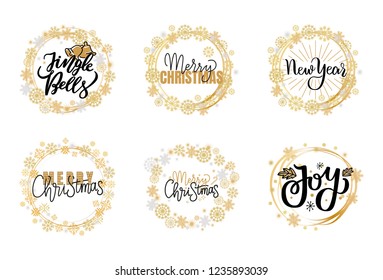 Merry Christmas festive greetings, calligraphic winter season wishes. Holly Jolly quote, New Year, Happy Holidays and warm wishes, cookies for Santa lettering on white background