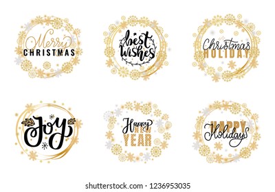 Merry Christmas festive greetings, calligraphic winter season wishes. Holly Jolly quote, New Year, Happy Holidays and warm wishes, cookies for Santa lettering on white background