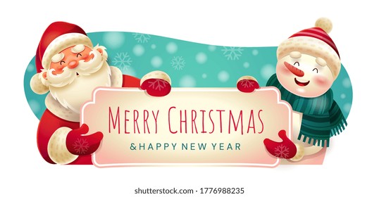 Merry Christmas festive holiday banner with Santa Claus and a smiling snowman holding the text, colored vector illustration