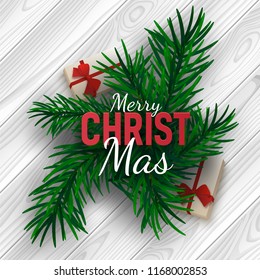 Merry Christmas festive illustration with fir tree branch and wood background. Vector illustration
