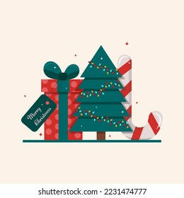 Merry Christmas. Festive illustration with an inscription. Christmas tree with a garland, a gift and a candy. Traditional colors.