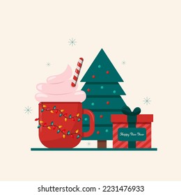 Merry Christmas. Festive illustration with an inscription. Cocoa with a garland, a gift and a Christmas tree. Traditional colors.