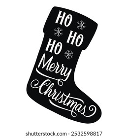 Merry Christmas festive monochrome label with sock for gifts from Santa Claus for interior decoration on New Year vector illustration
