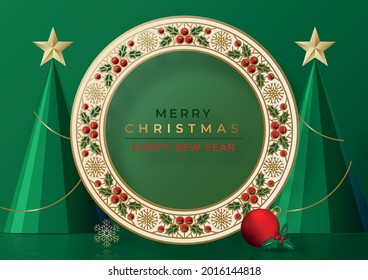 Merry Christmas festive pattern with Christmas balls and snowflakes concept on green color background for invitation card, Merry Christmas, Happy new Year, greeting cards, poster or web banner