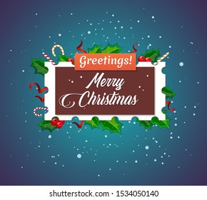 Merry Christmas festive postcard layout. Original Xmas greeting card template. Winter holiday banner on blue background. Festive frame, poster design. Greetings for Yuletide season