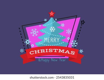 Merry Christmas festive postcard with Xmas tree. New Year ornaments, snowflakes, ribbon with lettering. Handwritten text with decorations can be used for greeting cards, posters, banners