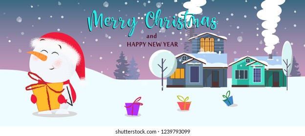 Merry Christmas festive poster with cartoon snowman. Creative lettering with cartoon snowman, gifts, snowy forest and cozy winter house. Can be used for postcards, invitations, greeting cards