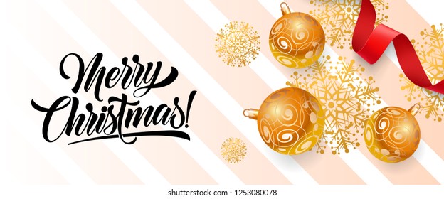 Merry Christmas festive poster with golden balls. Calligraphy with golden ball tree decorations and snowflakes. Can be used for posters, postcards, greetings