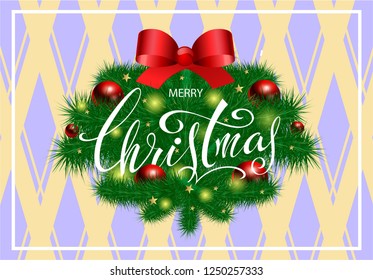 Merry Christmas! Festive realistic Christmas tree garland with red silk bow and balls. Lettering.