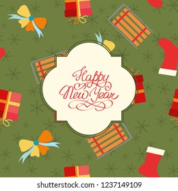 Merry Christmas festive seamless pattern with greeting inscription gift sock sleigh present box and bow vector illustration