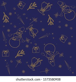 Merry Christmas festive seamless pattern with snowmen, snowflakes, fireworks, gifts. Seamless pattern Christmas design in doodle style for gift wrapping.