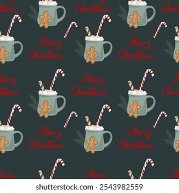 Merry Christmas festive seamless pattern. A cup of hot cocoa and marshmallows, decorated with candies and traditional holiday. gingerbread cookies